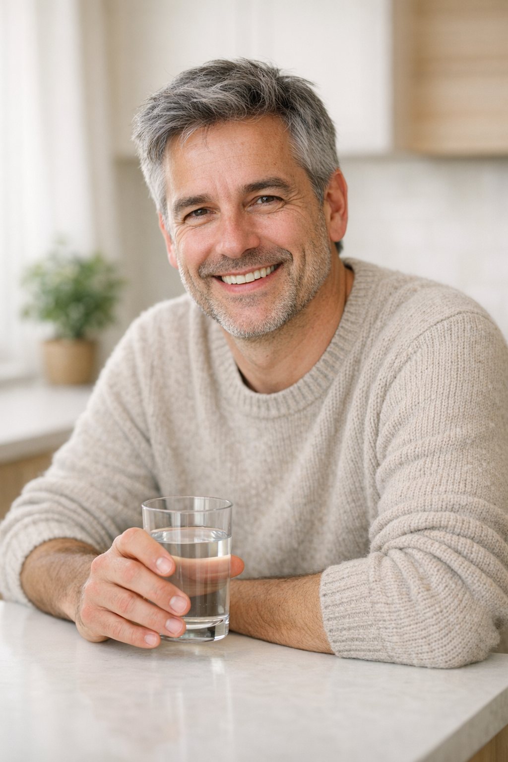 A smiling AlivioVital customer at his kitchen island with a glass of water
