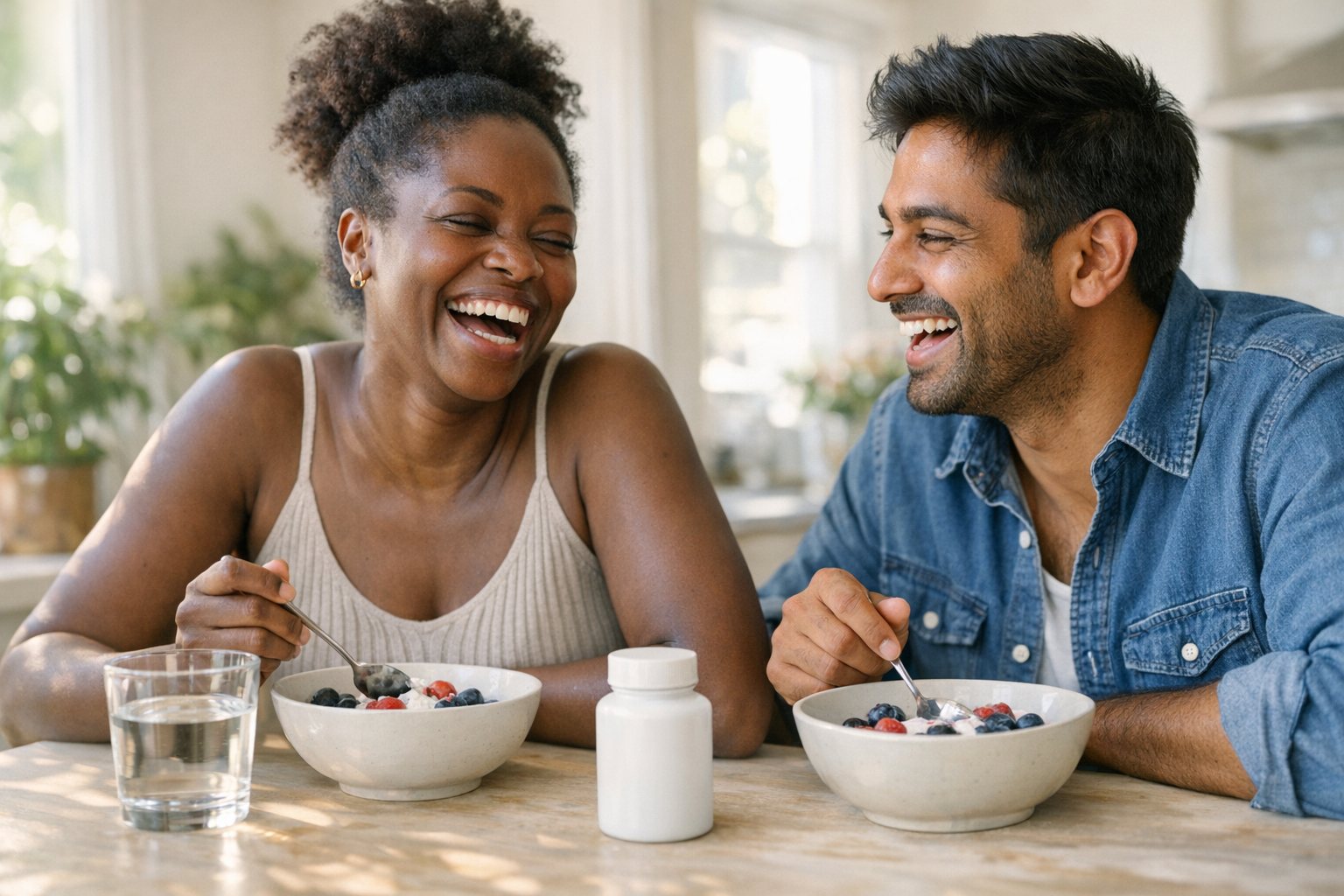 Two friends laughing together over breakfast at a sunlit kitchen table