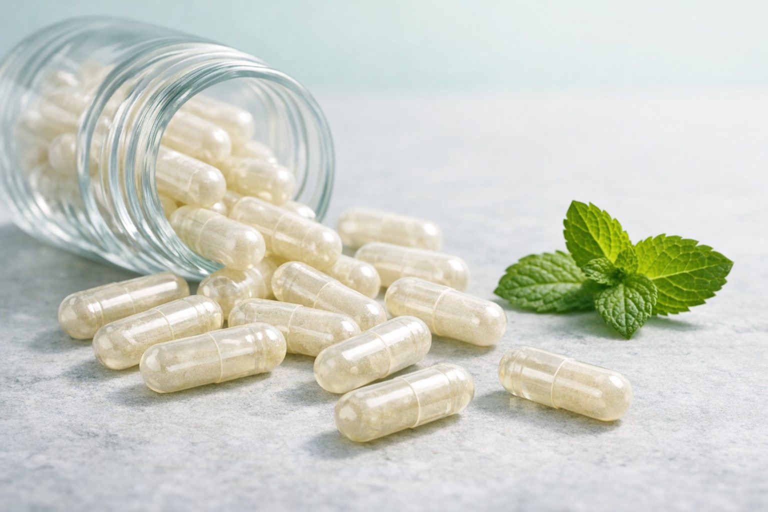 Plain vegan capsules spilling from a glass jar beside a mint leaf