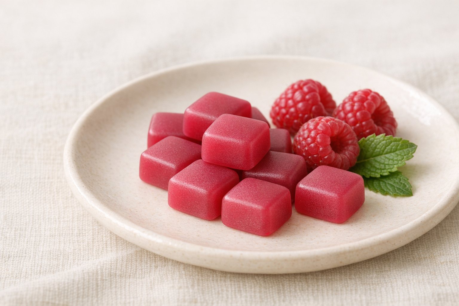 Soft raspberry fiber gummies on a cream plate with fresh raspberries